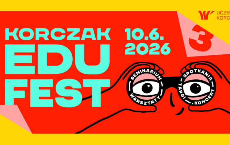 Grafika wydarzenia „Korczak Edu Fest” z datą 10.06.2026, logo Uczelni Korczaka i ilustracją okularów