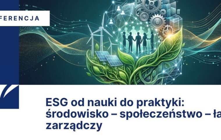 Baner konferencji „ESG od nauki do praktyki” z grafiką liści, turbin, paneli słonecznych i postaci osób