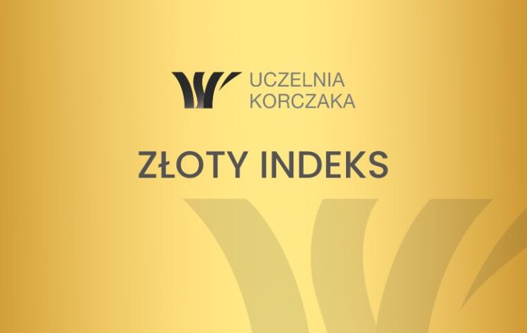 Grafika Uczelni Korczaka z napisem „Złoty indeks” na złotym tle