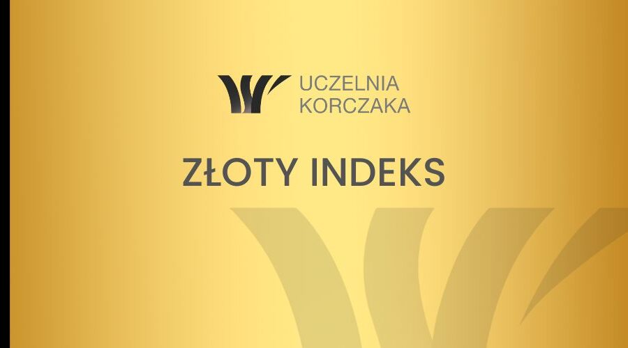 Grafika Uczelni Korczaka z napisem „Złoty indeks” na złotym tle