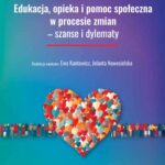 Okładka książki „Edukacja, opieka i pomoc społeczna w procesie zmian” z kolorowym sercem z puzzli na niebieskim tle