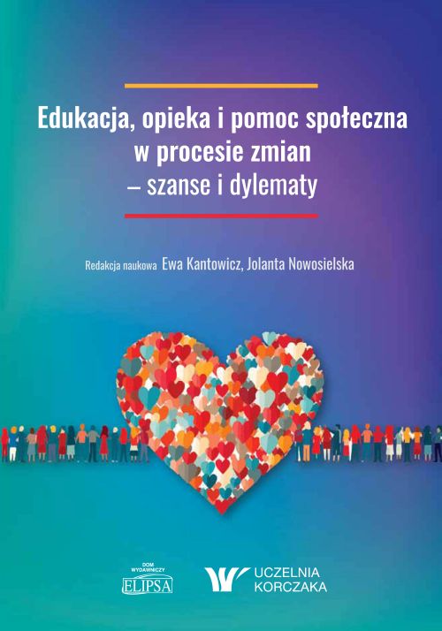 Okładka książki „Edukacja, opieka i pomoc społeczna w procesie zmian” z kolorowym sercem z puzzli na niebieskim tle