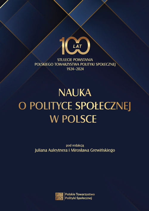 Okładka książki „Nauka o polityce społecznej w Polsce” w granatowej kolorystyce ze złotymi napisami