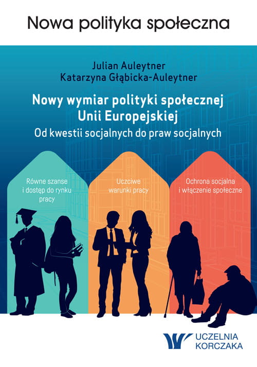 Okładka książki „Nowy wymiar polityki społecznej Unii Europejskiej” z kolorowymi sylwetkami ludzi