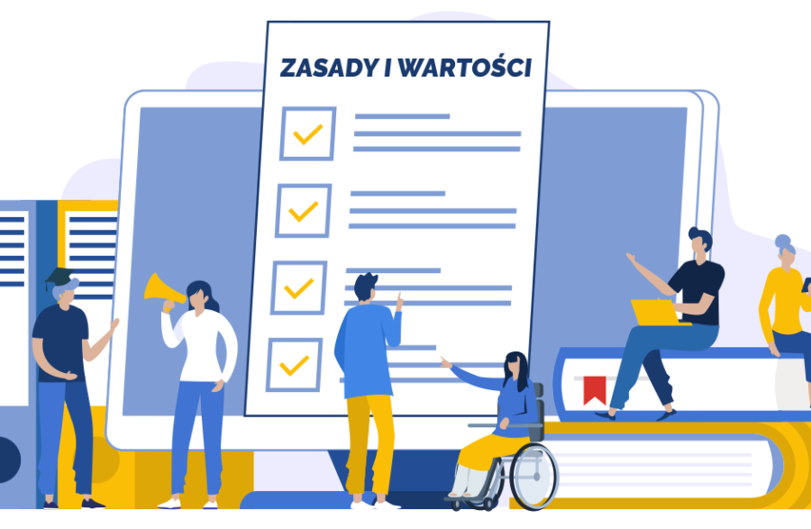 Ilustracja przedstawiająca różnorodną grupę osób, w tym użytkownika wózka inwalidzkiego, analizujących dokument zatytułowany „Zasady i Wartości” wyświetlony na dużym ekranie. Scena symbolizuje współpracę i zaangażowanie w misję organizacji.